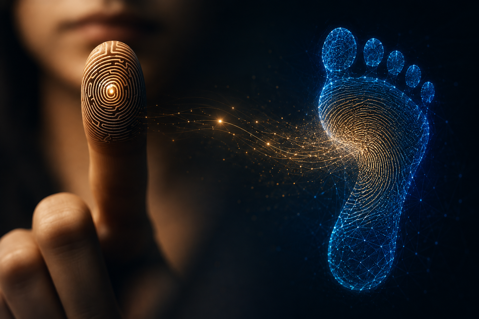 A fingerprint on a thumb resolving into a luminous digital footprint